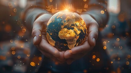 Leinwandbilder - Hands holding a glowing globe with economic indicators and growth trends, symbolizing global economic growth. Generative AI.