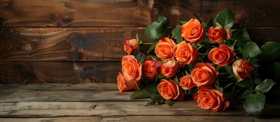 Poster - Orange roses bouquet displayed on a wooden backdrop with copy space image