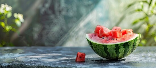 Poster - Watermelon smoothie in a halved watermelon shell displayed on a stone table with copy space image