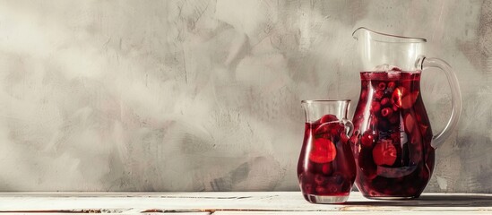 Poster - Red Sangria served in a glass and a jug placed on a white wooden table set against a light grey background providing a clear copy space image
