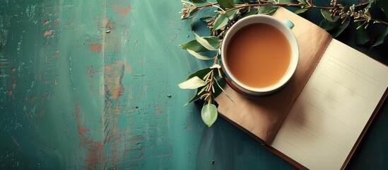 Wall Mural - Desk with a cup of coffee and notebook in a flat lay top view creating a tranquil scene for relaxation after work against a copy space image