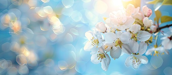 Leinwandbilder - White flowers blooming on an old apple tree branch against a blue spring sky with a blurred background and selective focus perfect for a nature themed design with copy space image
