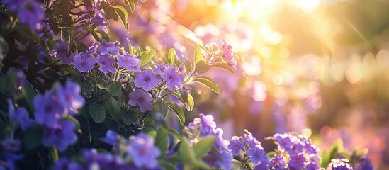 Aufkleber - A bush with violet flowers and green leaves under the sun on a sunny day suitable as a copy space image