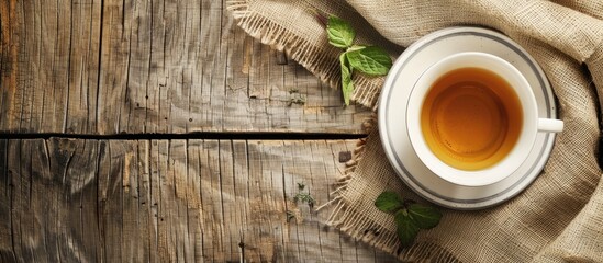 Aufkleber - Top view of herbal tea displayed with a cup on a wooden table featuring a chalkboard for adding text or images in the copy space image