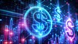 © Yellow Blossom - Digital Dollar Symbol Glowing in Neon Lights on a Grid Background - Abstract Financial Concept