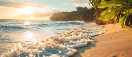Poster - Beach scene with sandy shore and ocean waves in a tropical setting is captured in the copy space image