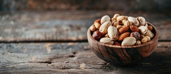 Aufkleber - Display a variety of nuts like pistachios peanuts cashews and almonds in a rustic wooden bowl for a healthy and vegetarian snack option representing the concept of superfoods Incorporates a copy space