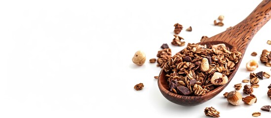 Wall Mural - Wooden spoon with chocolate granola and nuts isolated on white background for copy space image