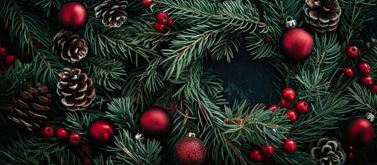 Poster - A festive arrangement with Christmas tree branches wreath and red ornaments creates a nature themed New Year concept in a flat lay style featuring copy space image