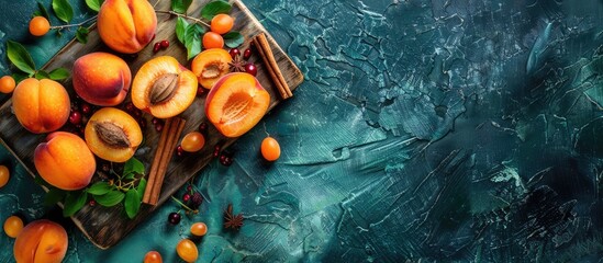 Leinwandbilder - Sliced apricots and sloe berries with cinnamon are seen from above on a cutting board with a green background providing copy space for text or images