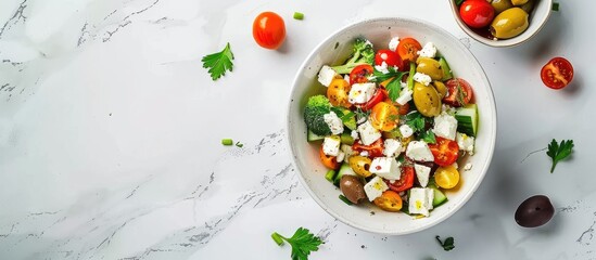 Canvas Print - Flat lay of a nutritious salad showcasing ingredients like paprika green onion olives cherry tomatoes and Feta cheese highlighting selective focus with a copy space image