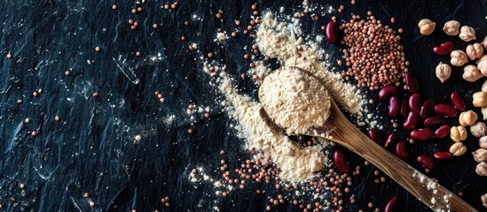 Aufkleber - Top down view of a spoon resting on kidney bean flour sprinkled with brown seeds providing ample copy space image