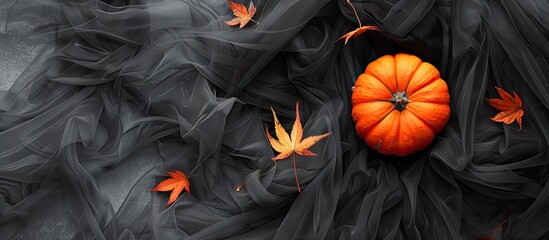 Wall Mural - Halloween themed composition featuring a pumpkin set against a black tulle backdrop with maple leaves ideal for adding text with copy space image