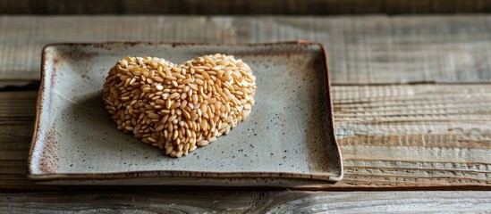 Aufkleber - Heart shaped brown rice on a square ceramic plate against a wooden plank backdrop with copy space image