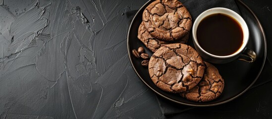 Poster - Chocolate cookies made at home displayed on a black backdrop with a cup of coffee in a copy space image