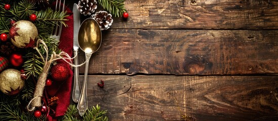 Wall Mural - Rustic wooden background with Christmas decor vintage silverware and a touch of gold perfect for a copy space image