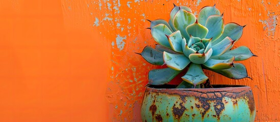 Wall Mural - A vibrant succulent in a pot against an orange backdrop suitable for copy space image