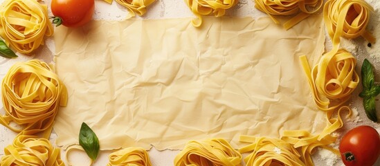 Aufkleber - Tagliatelle pasta and ingredients displayed with a blank paper for copy space image