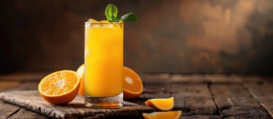 Fototapete - Copy space image of a refreshing cocktail with fresh orange juice placed on a rustic wooden surface
