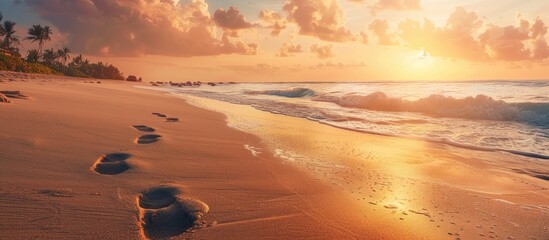 Poster - Sandy tropical beach at sunset with footprints on the shore perfect copy space image