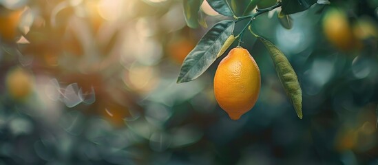 Leinwandbilder - A small lemon hangs from a tree with a blurry background leaving room for a copy space image