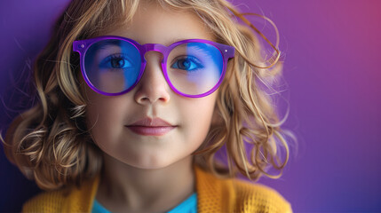 Wall Mural - Child trying on colorful glasses, with a bright purple background. Generative AI.