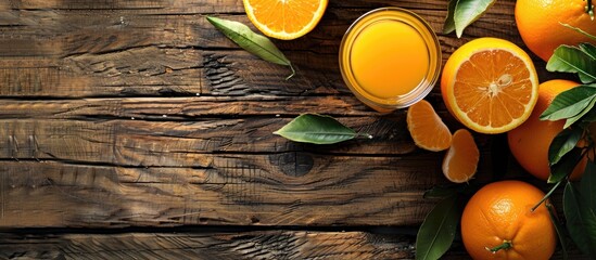 Poster - Freshly squeezed orange juice in a glass with oranges on wooden surface Reflects a healthy lifestyle allowing room for text with a copy space image