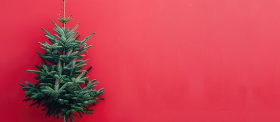 Aufkleber - A Christmas tree is displayed against a red background in a minimalistic flat lay setting ideal for a New Year sale concept featuring ample copy space image