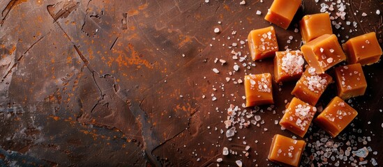 Fototapete - Golden butterscotch toffee caramels and salted caramel pieces sprinkled with sea salt displayed on a brown background with space for text or images. with copy space image