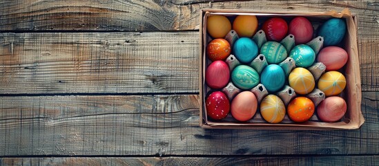 Canvas Print - Colorful Easter eggs in a box with a wooden background Copy space image available