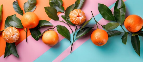 Leinwandbilder - Flat lay composition featuring tangerines and leaves on a colorful background with copy space image available
