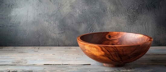 Leinwandbilder - Rustic brown wooden bowl displayed on a gray wooden table with a simple classic look ideal for a copy space image