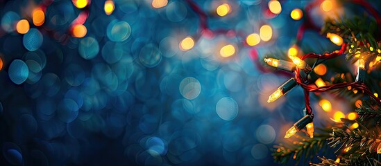 Fototapete - Vibrant garland lights blur against a dark blue backdrop in an abstract New Year s copy space image