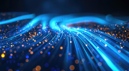 Leinwandbilder - Abstract blue glowing lines on a dark background, data transfer and internet technology concept with fiber optic cables or wires moving fast in a motion blur. Generative AI.