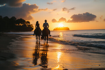 Sticker - Couple horseback riding at sunset