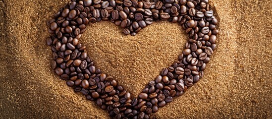 Aufkleber - Coffee grains in heart shape on sandy surface expressing love for coffee arranged in a frame design with ample copy space viewed from above