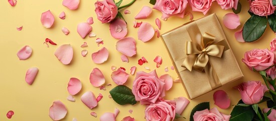 Leinwandbilder - A stunning display of pink roses and a gold gift box with a bow set on a gentle yellow paper background for a Valentine s Day greeting card This top down view offers a copy space image