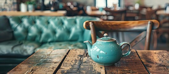 Wall Mural - Close up of a teapot on a wooden table in a cafe with a blank area for additional image or text known as copy space image