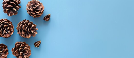Poster - Trendy blue background with six pine cones as Christmas tree decoration providing copy space image