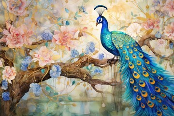 Canvas Print - Peacock with gold glister painting animal bird.