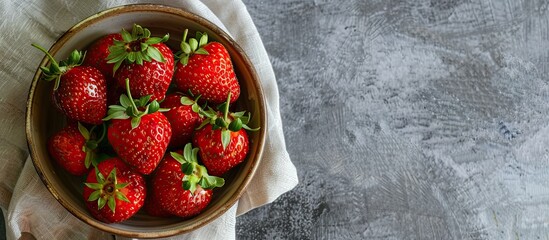 Fototapete - A vibrant red strawberry sits in a ceramic bowl on a linen napkin against a gray concrete background with ample copy space Top view highlights the healthy food idea