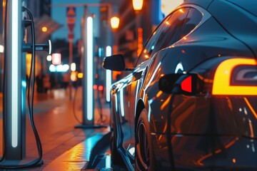 Charging car at modern fast electric vehicle chargers station in city