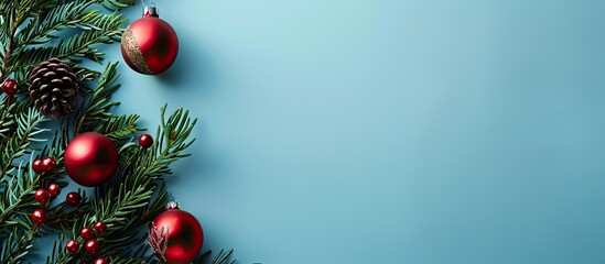 Aufkleber - Christmas ornaments adorn a coniferous branch against a blue background in a serene copy space image