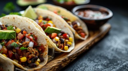 An enticing array of tacos filled with black beans, corn, and fresh herbs, paired with a bowl of salsa, offering a visually appealing and flavor-packed dining experience.