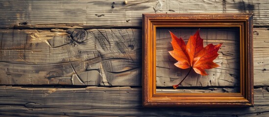 Poster - Fall season depicted with an empty photo frame artificial maple leaf on wooden table symbolizing autumn harvest and Thanksgiving in a copy space image