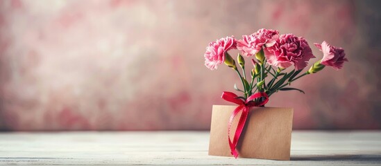 Aufkleber - Mother s Day photography concept with a beautiful arrangement of blooming carnations tied with a bow and a kraft text card on a bright modern table with empty space for personalized images