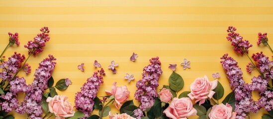 Aufkleber - Pink roses and lilacs border a striped yellow backdrop with a spot for your copy space image