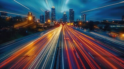 Aufkleber - Timelapse of highway traffic with city skyline in the background. The long exposure captures the dynamic light trails of vehicles. A modern urban landscape. Generative AI.