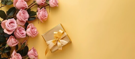 Leinwandbilder - A stunning display of pink roses and a gold gift box with a bow set on a gentle yellow paper background for a Valentine s Day greeting card This top down view offers a copy space image