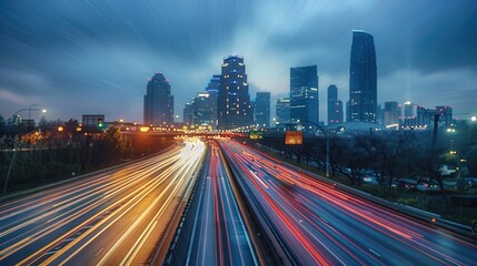 Aufkleber - Timelapse of highway traffic with city skyline in the background. The long exposure captures the dynamic light trails of vehicles. A modern urban landscape. Generative AI.